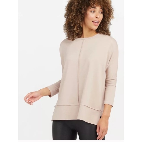 Spanx Perfect Length Sweatshirt Medium Blush Pink‎ Dolman Sleeve Raw Hem Medium - Picture 3 of 6